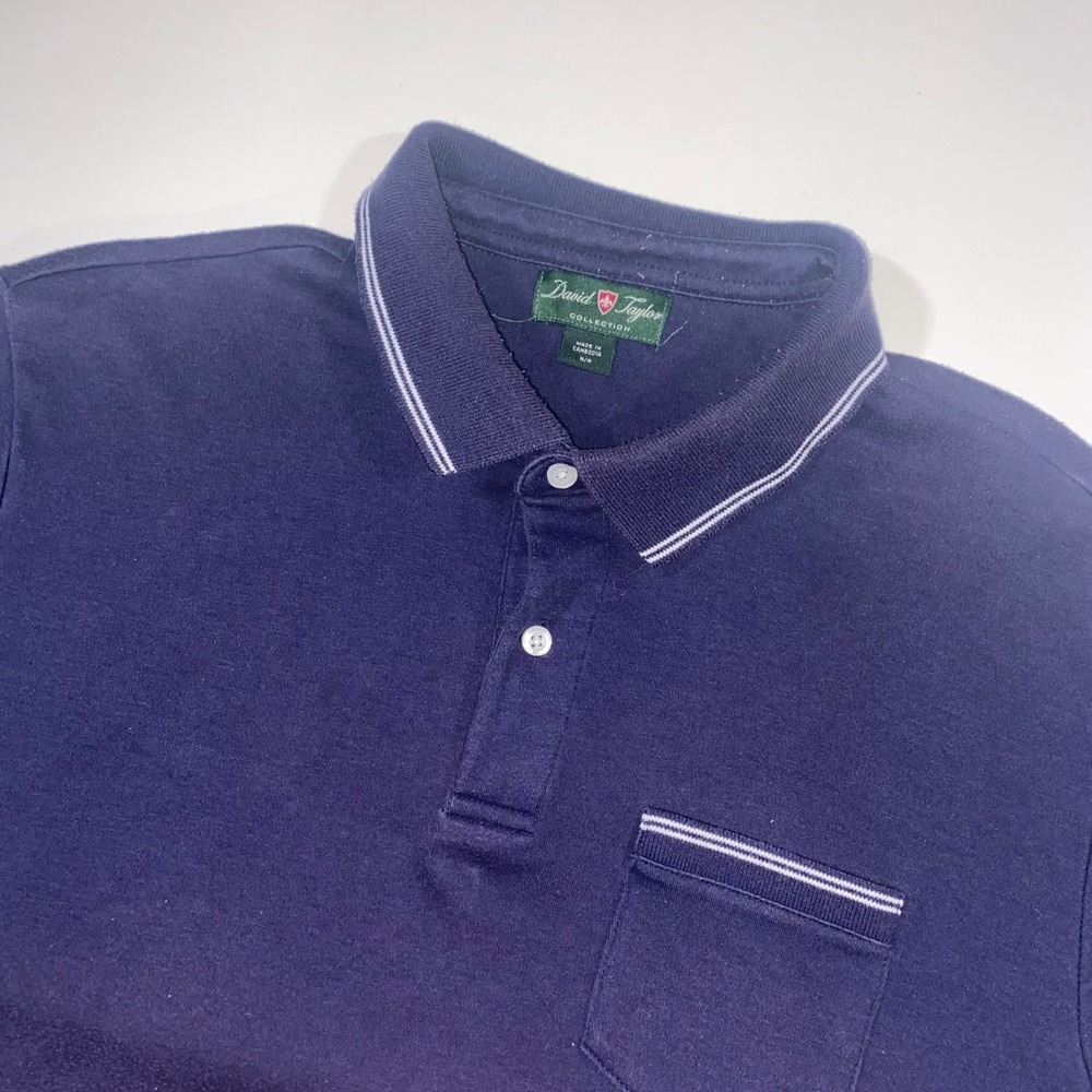 David Taylor Collection Mens Navy Blue Striped Collar Pocket Polo Shirt Size M‎